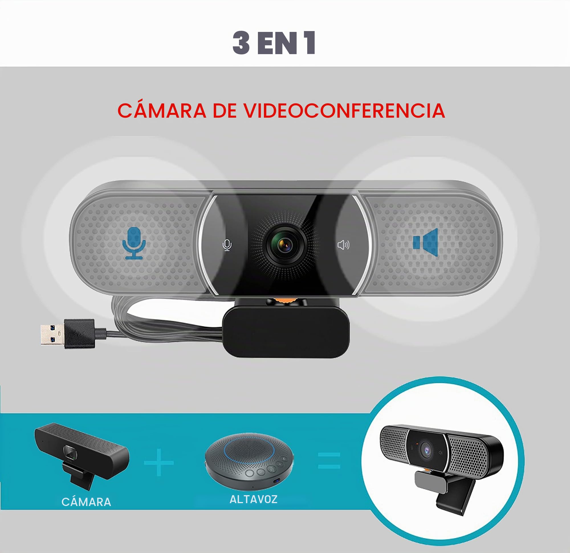OwlBar Mini, cámara de videoconferencia, Webcam 2K QHD, Altavoz, micrófono, para Oficina o Sala de reuniones con 1-4 participantes, Compatible con Teams, Zoom, Google Meet en PC/Mac