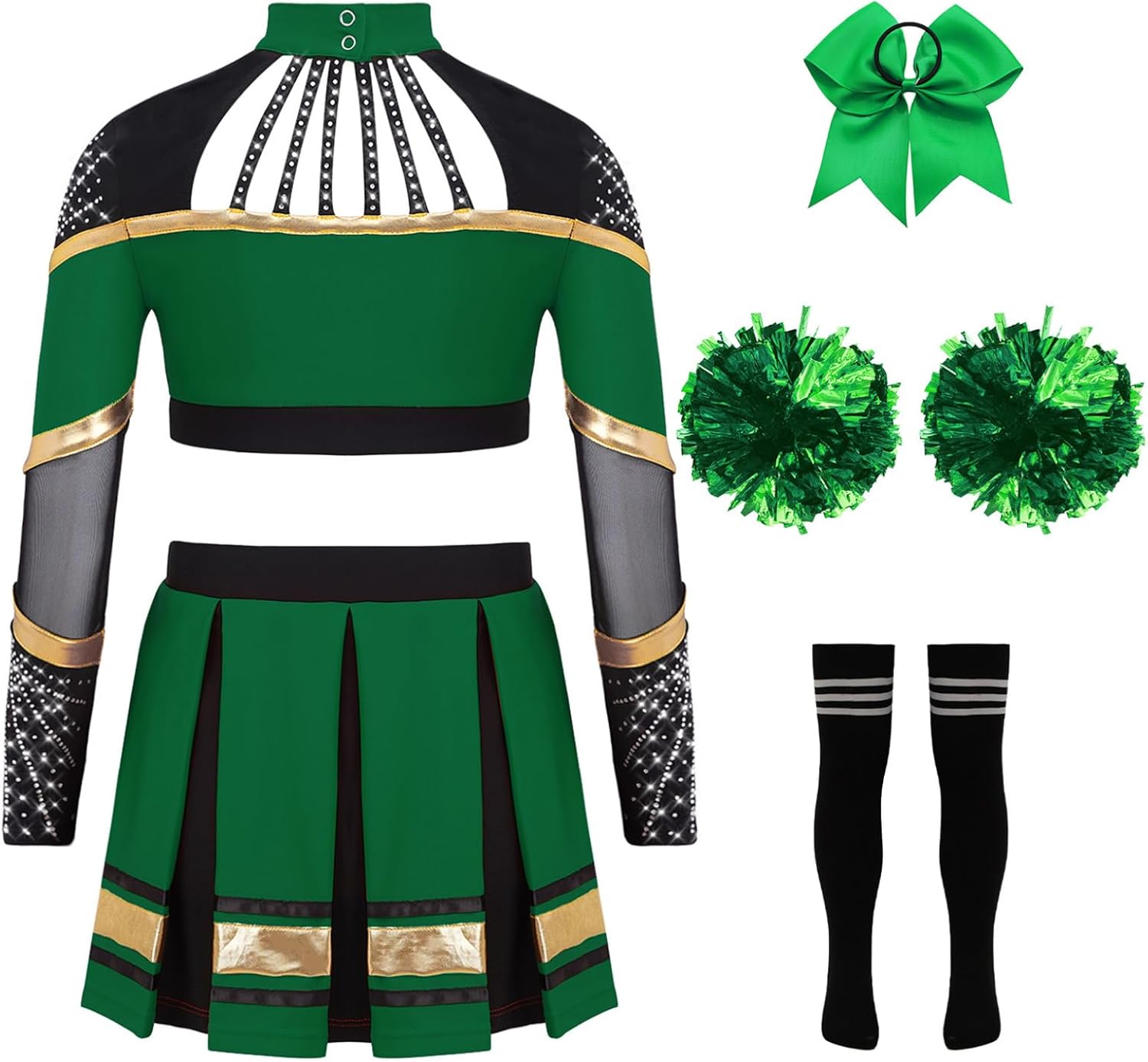 Jhaoyu Kids Girls Cheer Leader Uniforms Long Sleeve Top with Pleated Skirt Cheerleading School Dress Outfits