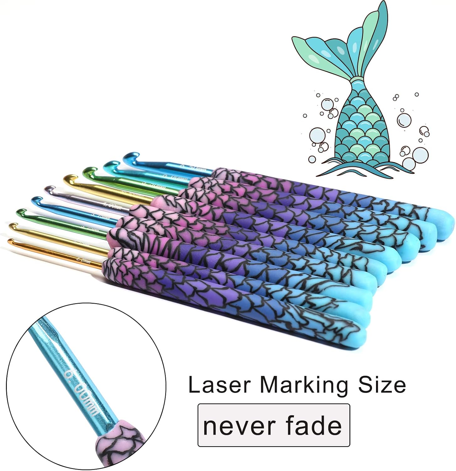 LOOEN 9pcs Magic Mermaid Crochet Hoook Solft Warm Crochet Hook Kit Complete 2.0-6.0mm Aluminum Knitting Hook for Crochet Yarn Craft (Patent Pending) (Mermaid)