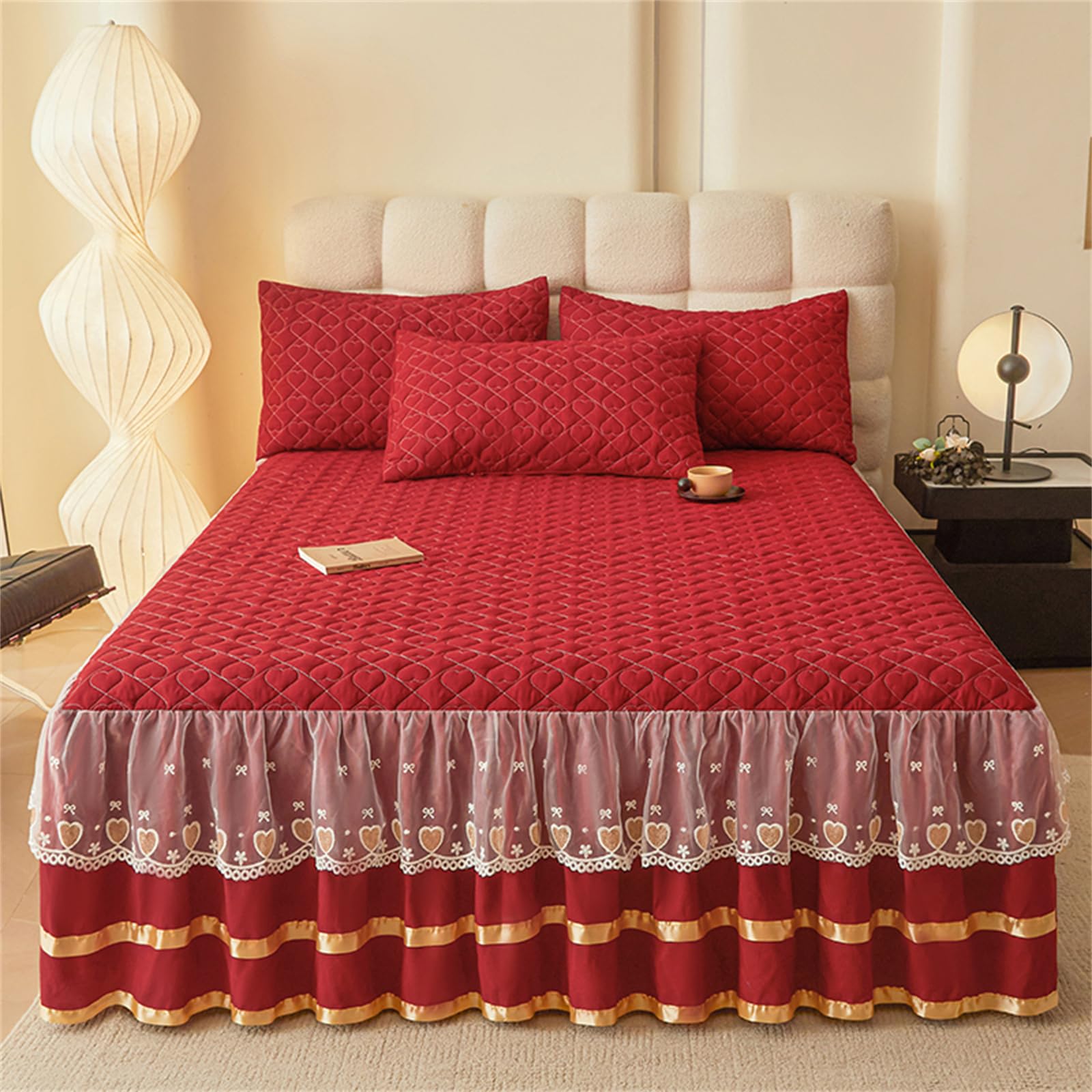 Single Double King Size Fitted Sheets, Solid Color All-Inclusive Fitted Sheet with Frill Skirt, Valance Quilted Bed Skirt, Fit Over Mattress & Down toThe Floor Bedding (Wine Red,150x200cm)