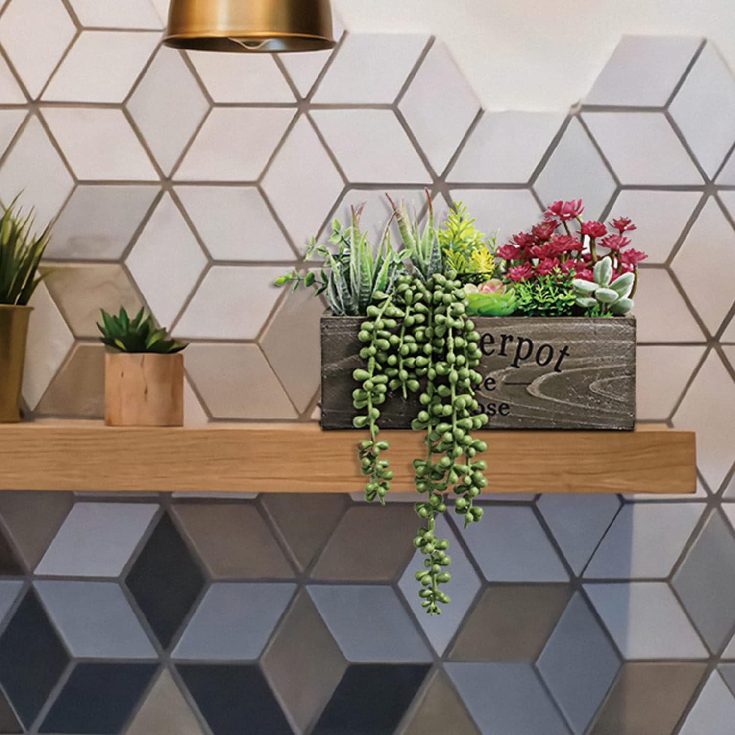 Hopewood Artificial Succulent Plants Arrangement in Wooden Planter, Fake Succulents Plants in Rustic Wood Box,Faux Succulent in Rectangular Pot,Centerpiece,Home Office Shelf Indoor Decor Plants - Image 3