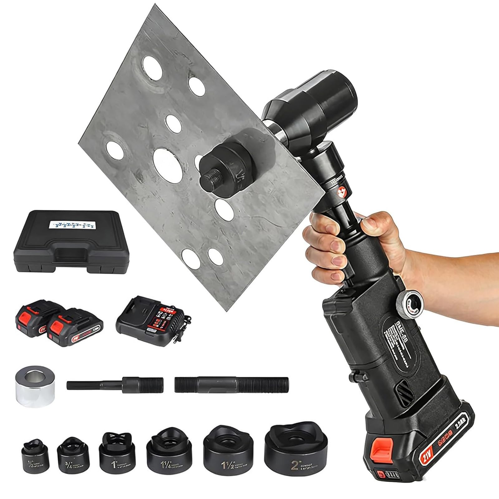 Kit Punzonadora Hidráulica Recargable, Máquina Punzonadora 80 Kn Con 6 Matrices (Φ22-60 Mm) Y Batería 21 V 2x2500 Mah, Herramienta Punzonado Hidráulico Carrera 22 Mm Alivio Presión Automático