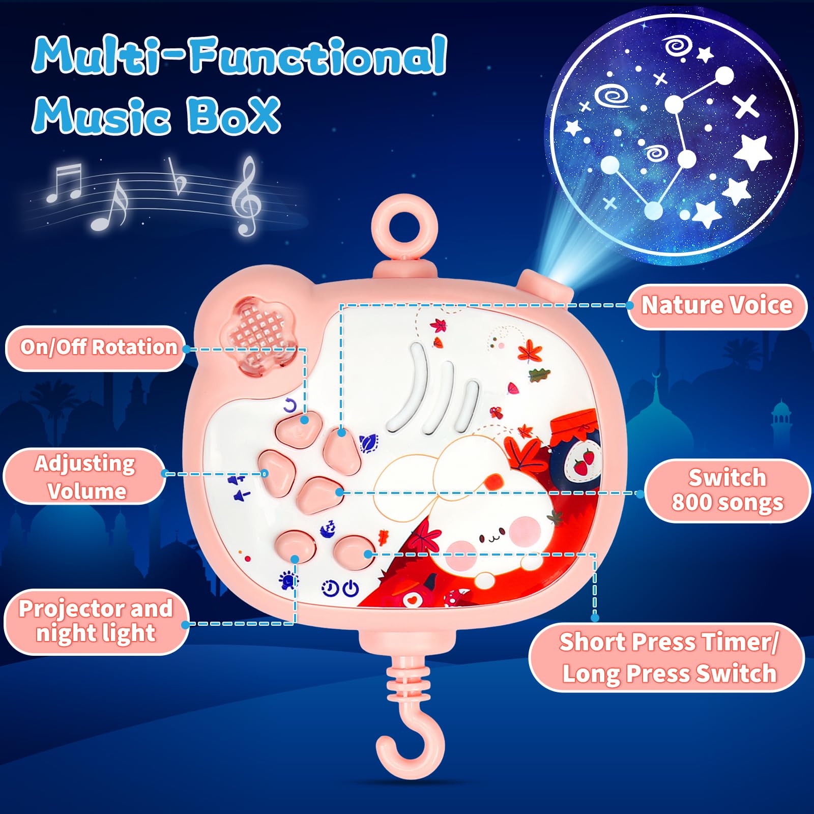 Baby Mobile for Crib with Music and Night Lights,Hanging Crib Mobile for Bassinet with Rotation,Projection,Remote Control,Babies Crib Toys for Nursery Newborn Infant Boys Girls (Pink)