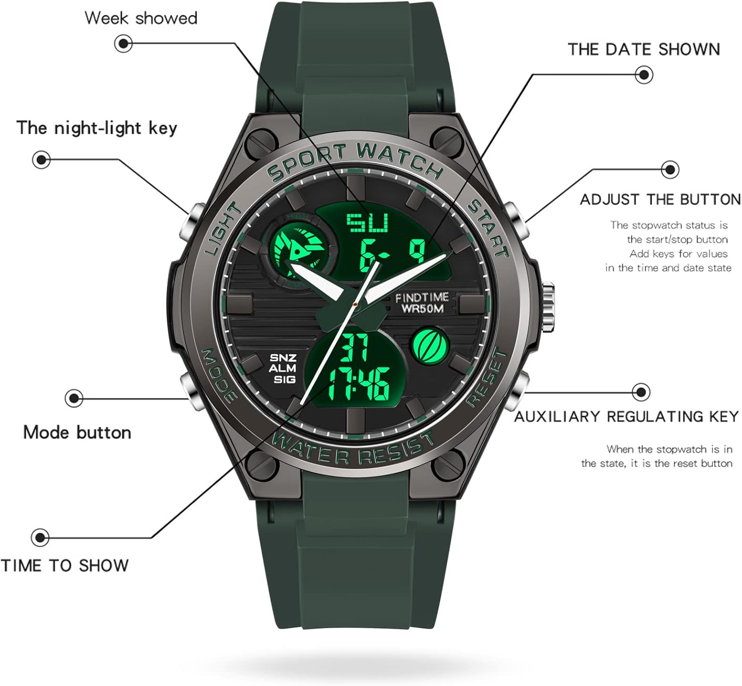 findtime Pink Watches for Women Digital 5Bar Waterproof Sports LED Backlight Wrist Watch Colorful Strap Analog Alarm - Image 6