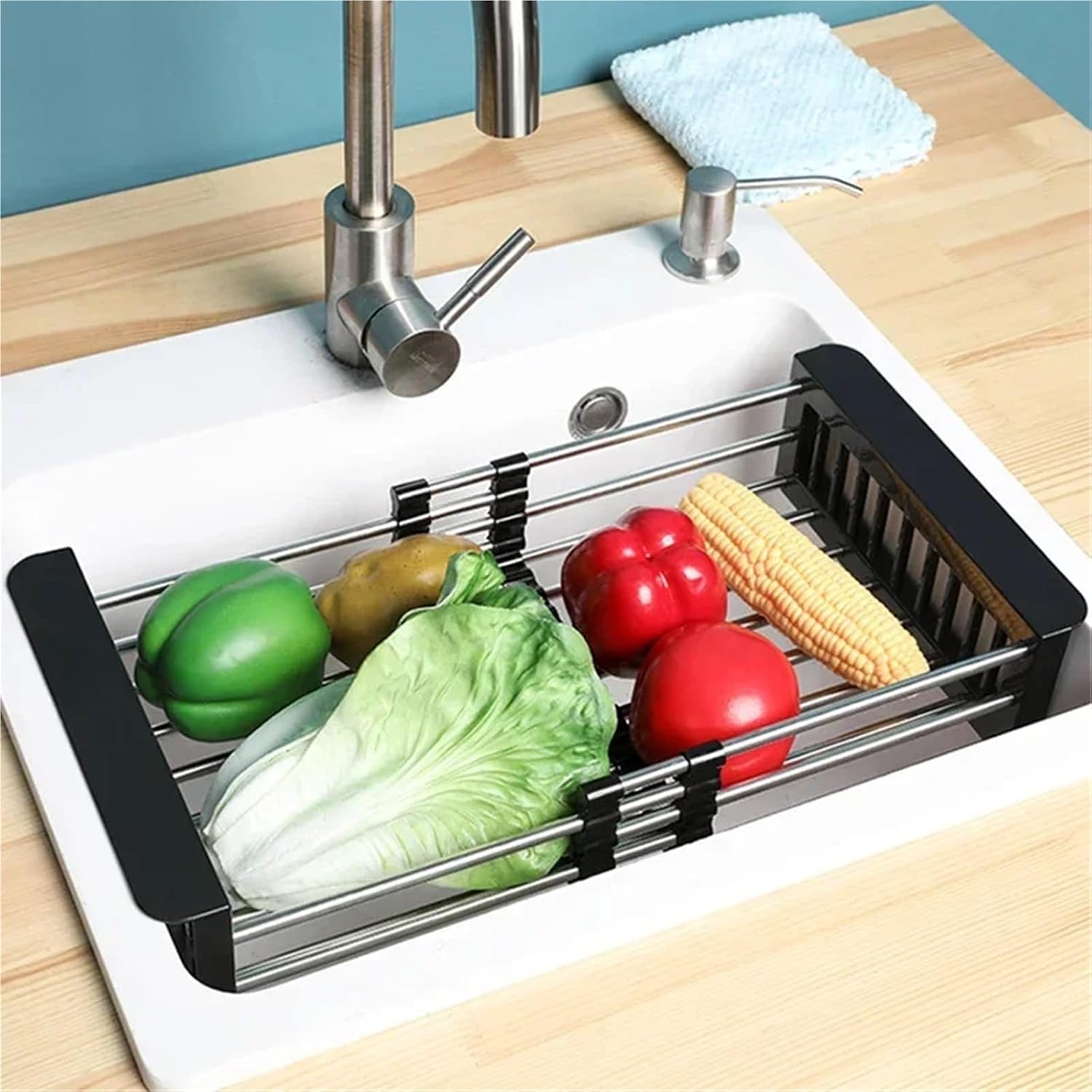 Kitchen Stainless Steel Sink Drain Rack 304 Dish Drying Rack Dish Insert Storage Organizer Fruit Vegetable Drainer Basket(Black S)