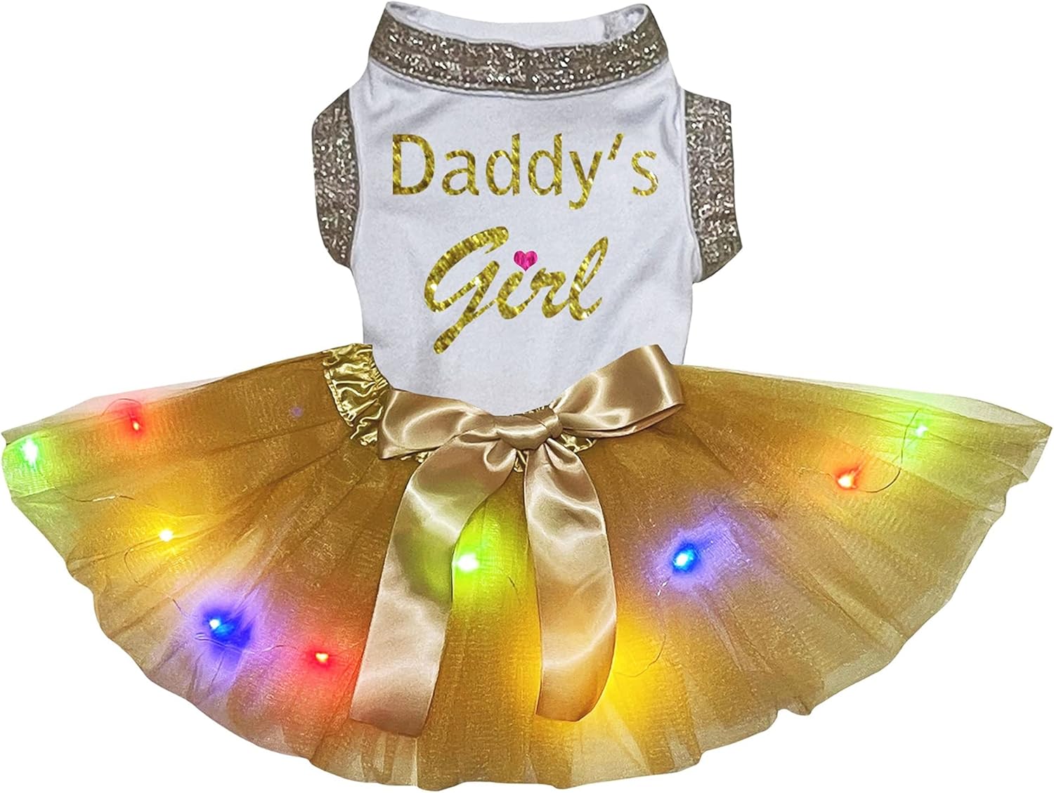 Petitebella Daddy's Girl Puppy Dog Dress (White/Gold LED, X-Large)