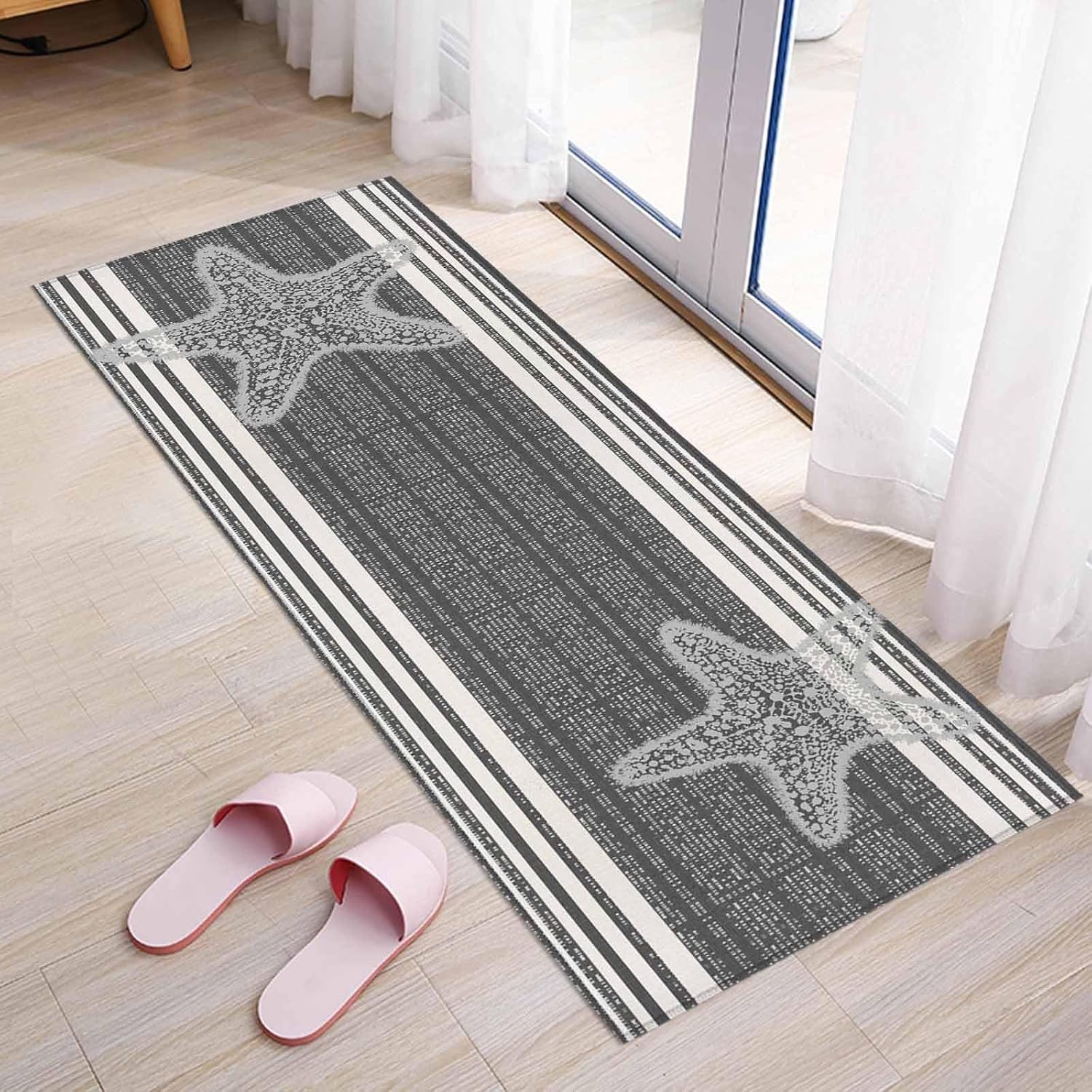 Teamery Kitchen Mats for Floor Gray Starfish Summer Nautical Washable Non Slip Kitchen Rugs 1PCS, Modern Abstract Stripes Absorbent Standing Mats for Sink Bathroom Office Living Room 15.7x47.2in