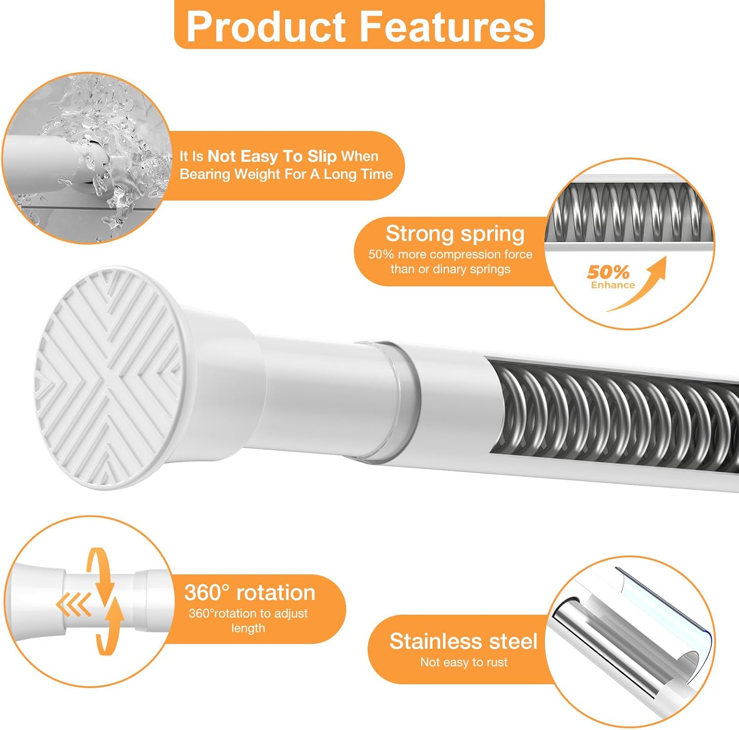 2 Pack Tension Curtain Rod 30-62 Inch White Shower Curtain Rods No Drilling Tension Rod for Windows Spring Adjustable Curtain Rods for Windows,Doorway,Bathroom,Closet,7/8" Diameter