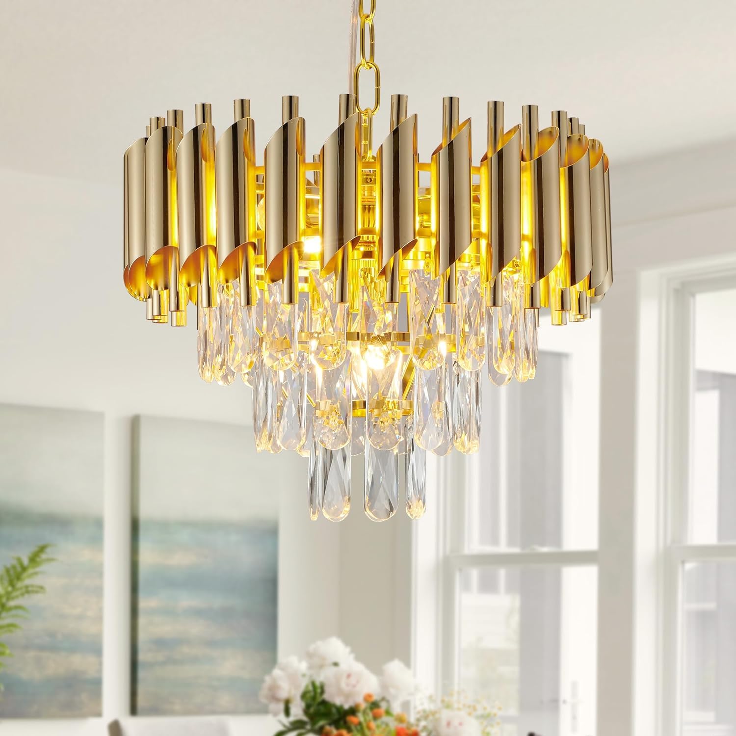 Modern K9 Crystal Chandeliers Gold -Round Crystal Chandelier for Living Room Colors.Warm White, Moon Light,Golden,Led Plate Included (Full Gold, 300MM)
