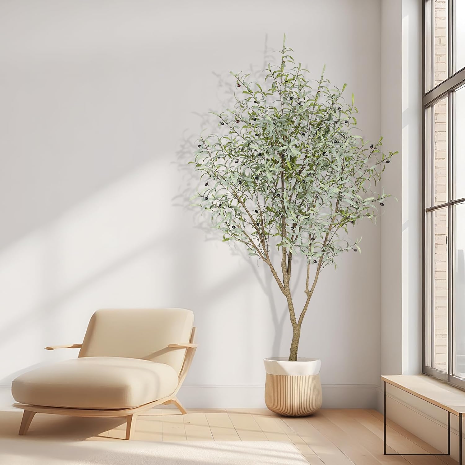 Olive Trees Artificial Indoor, 7FT Tall Faux Olive Tree, Fake Potted Olive Silk Tree with Natural Branches and Realistic Leaves, Artificial Trees for Home House Office Decor
