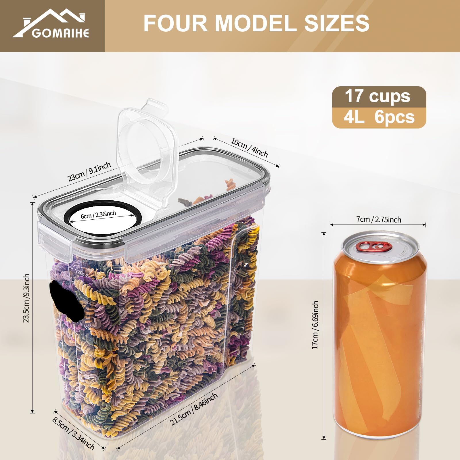 GoMaihe Recipientes Herméticos para Alimentos, 6 x 4 L, Muesli y Cereales | Un Paquete Entero por Recipiente: aprox. 750 g de Muesli o Cereales, 1,5 kg de Copos de Avena, 2 kg de Harina; Sin BPA