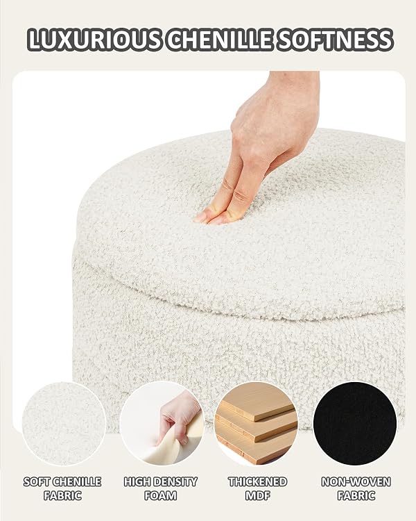 PINPLUS Chenille Folding Ottoman Footstool, Round Storage Ottoman, Soft Fabric, 330 lbs Load Capacity, Large Ottoman for Living Room, Bedroom, Dorm, White by PINPLUS - Image 7