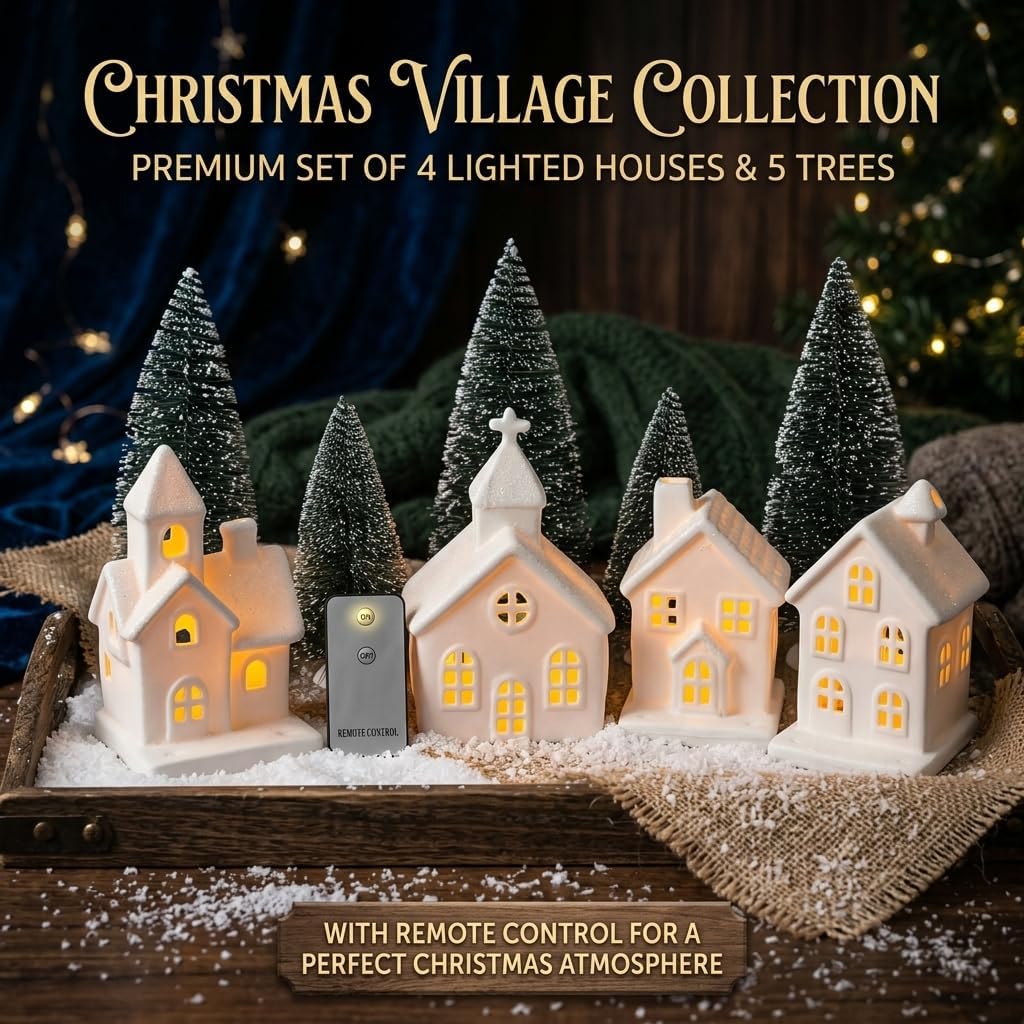 9 Pcs Christmas Village Figurines Sets - 4 Lighted Ceramic Houses with Remote Control & 5 Trees - Christmas Decorations Indoor - White Xmas Holiday Farmhouse Rustic Decor for Home Table Room