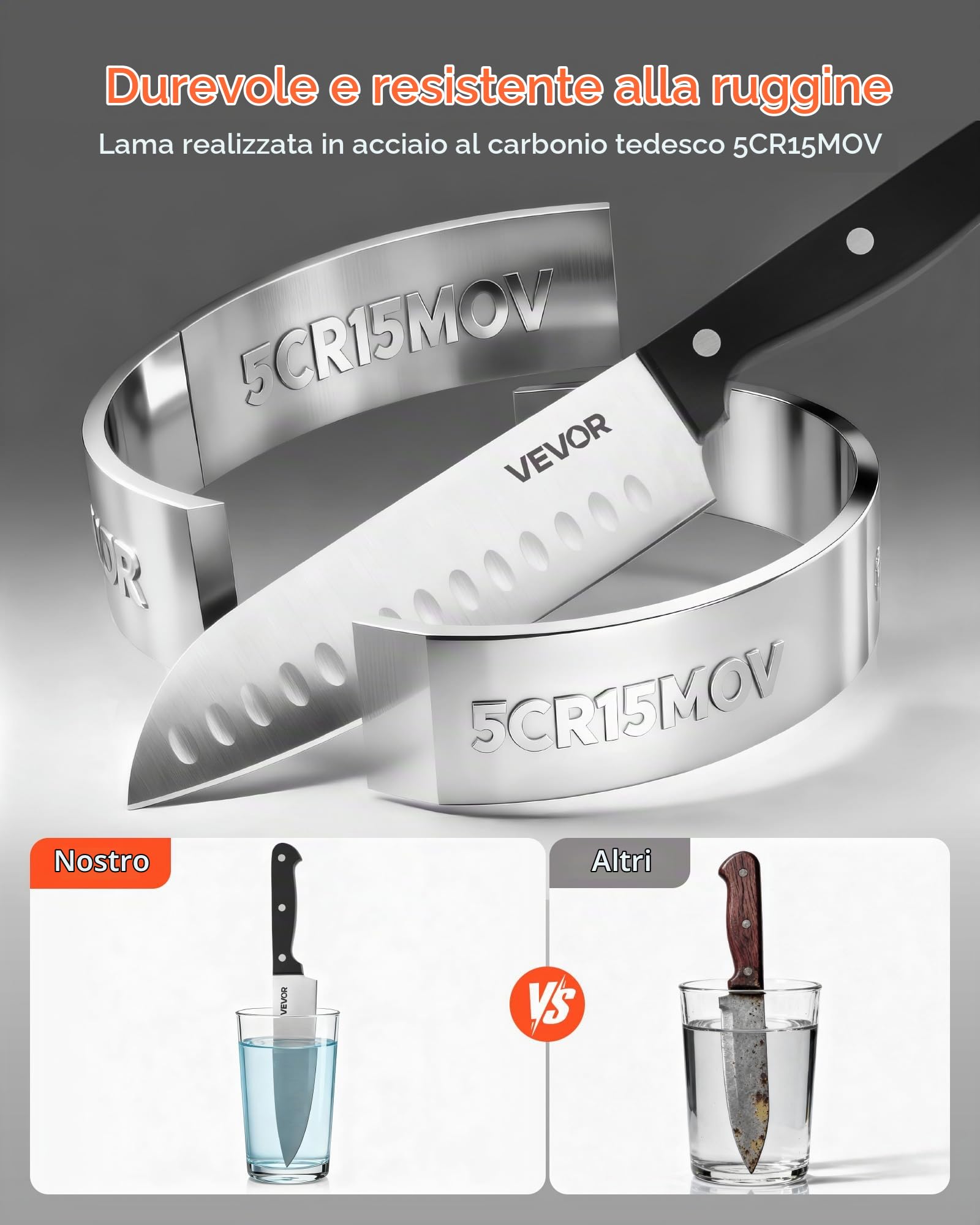 VEVOR Set di Coltelli da Cucina con Ceppo Portacoltelli Legno di Gomma e Acciaino da 15 Pezzi in Acciaio Inossidabile ad Alto Tenore di Carbonio, Coltello da Cucina con Impugnatura Ergonomica in ABS