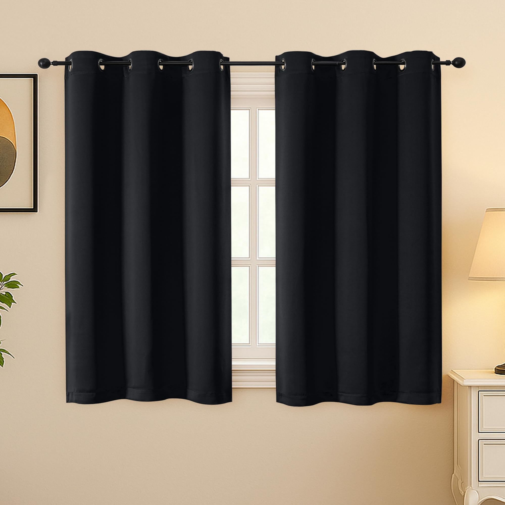 Simplebrand Halloween Black Blackout Curtains for Bedroom 45 Inches Long 2 Panels Set, Room Darkening Kitchen Curtains for Small Windows, Grommet Energy Saving Thermal Insulated Short Drapes, 40Wx45L