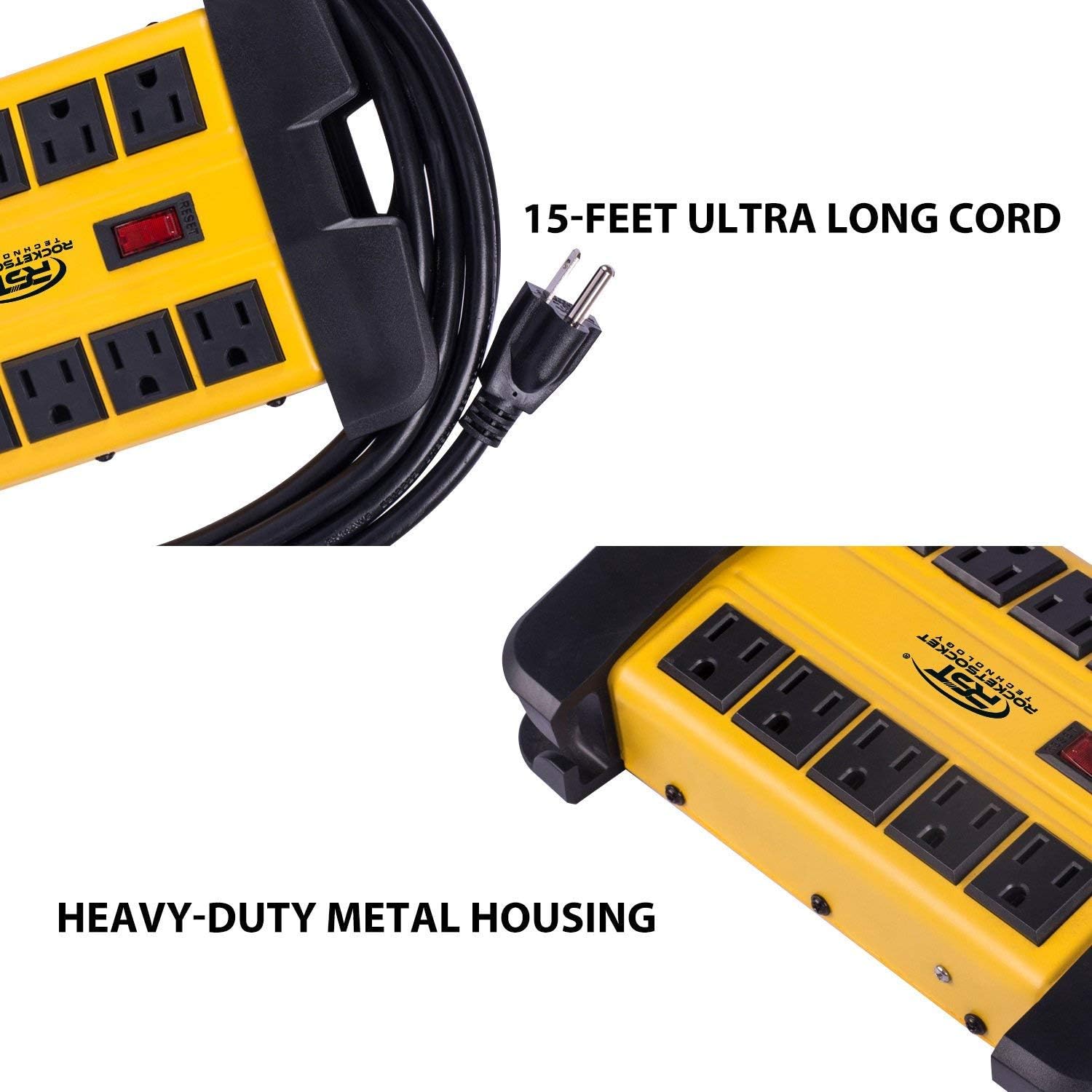 CRST 10-Outlets Heavy Duty Power Strip Metal Surge Protector with 15 Amps, 15-Foot Power Cord 2800 Joules for Garden, Kitchen, Office, School, ETL Listed(3165047) (10-Outlet, Yellow) : Electronics