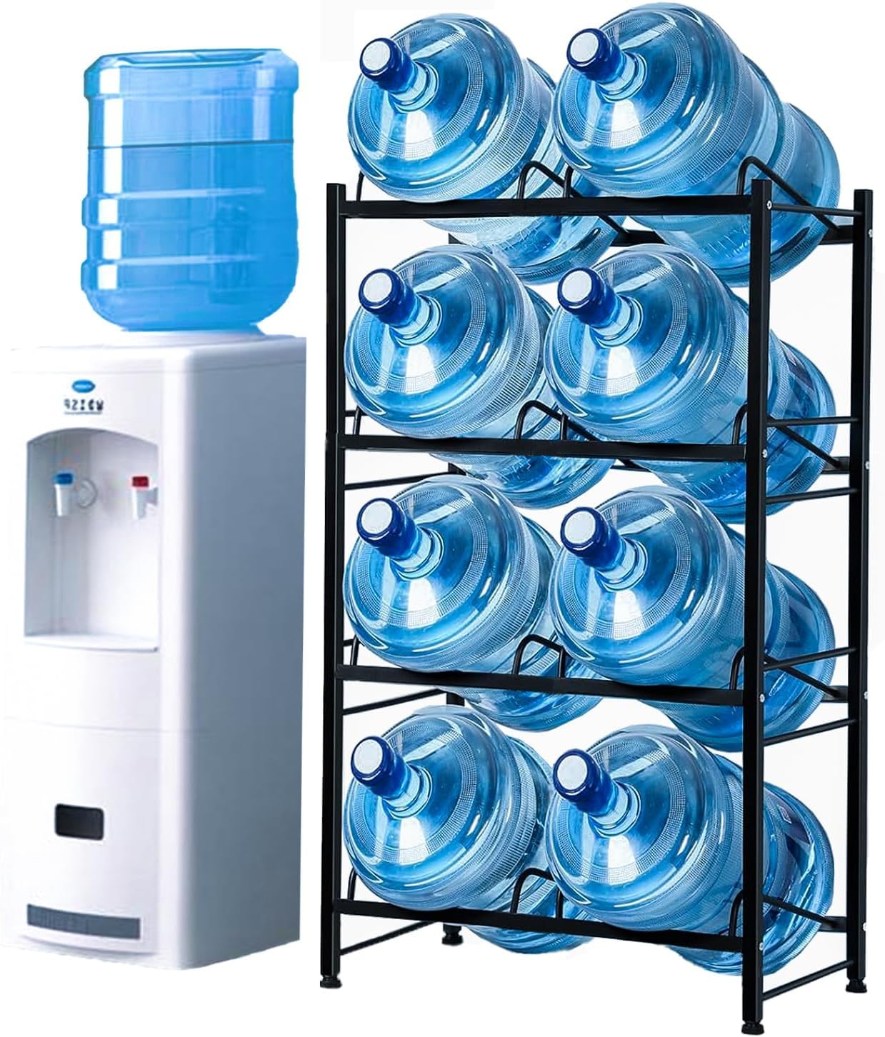 Soporte de almacenamiento resistente de 8 bandejas para jarra de agua, 4 niveles, 2 filas para botellas enfriadoras de agua de 5 galones, acero al carbono, ideal para el hogar, oficina, cocina,