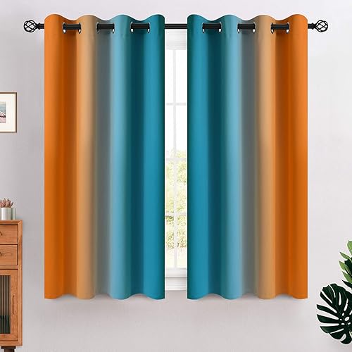 COSVIYA Grommet Ombre Room Darkening Curtains 54 inches Length for Kids/Girls Bedroom, Polyester Light Blocking Orange and Blue Gradient Window Drapes/Curtains for Living Room,2 Panels, 52x54 inches