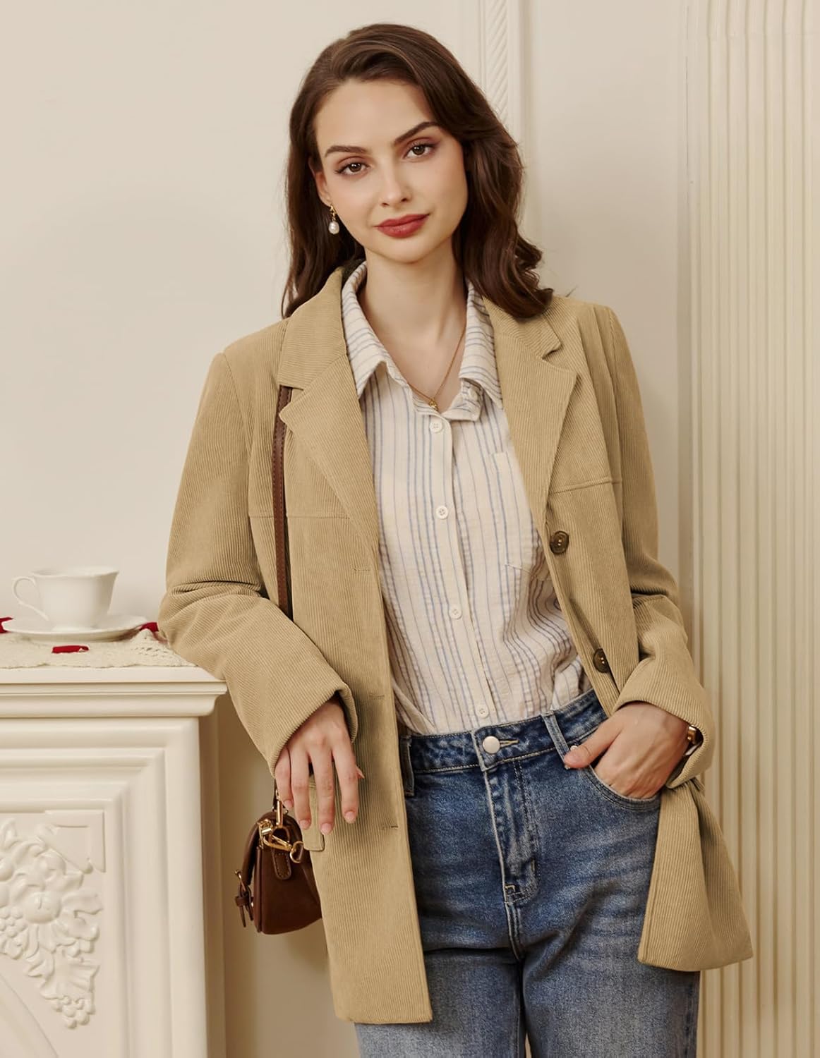 Belle Poque Womens Winter Corduroy Blazer Jackets Fall Notched Lapel Long Sleeve Boyfriend Work Office Jacket Coats - Image 4