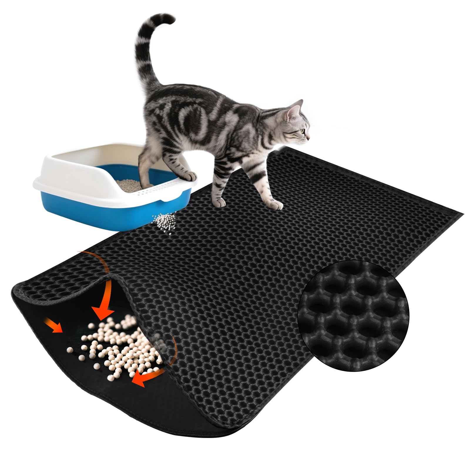 VFANDV Katzenklo Matte, Groß 90X60 CM Katzenmatte, Waben Design Katzenmatte Katzenklo, Katzenstreu Matte Wasserdicht und Rutschfeste, Leicht zu reinigen, Schwarz