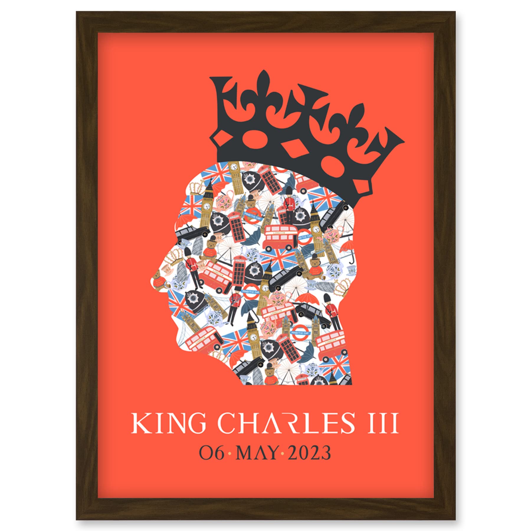 Artery8 King Charles III Coronation Date British Symbol Head Collage with Crown Red Design Artwork Framed Wall Art Print A4