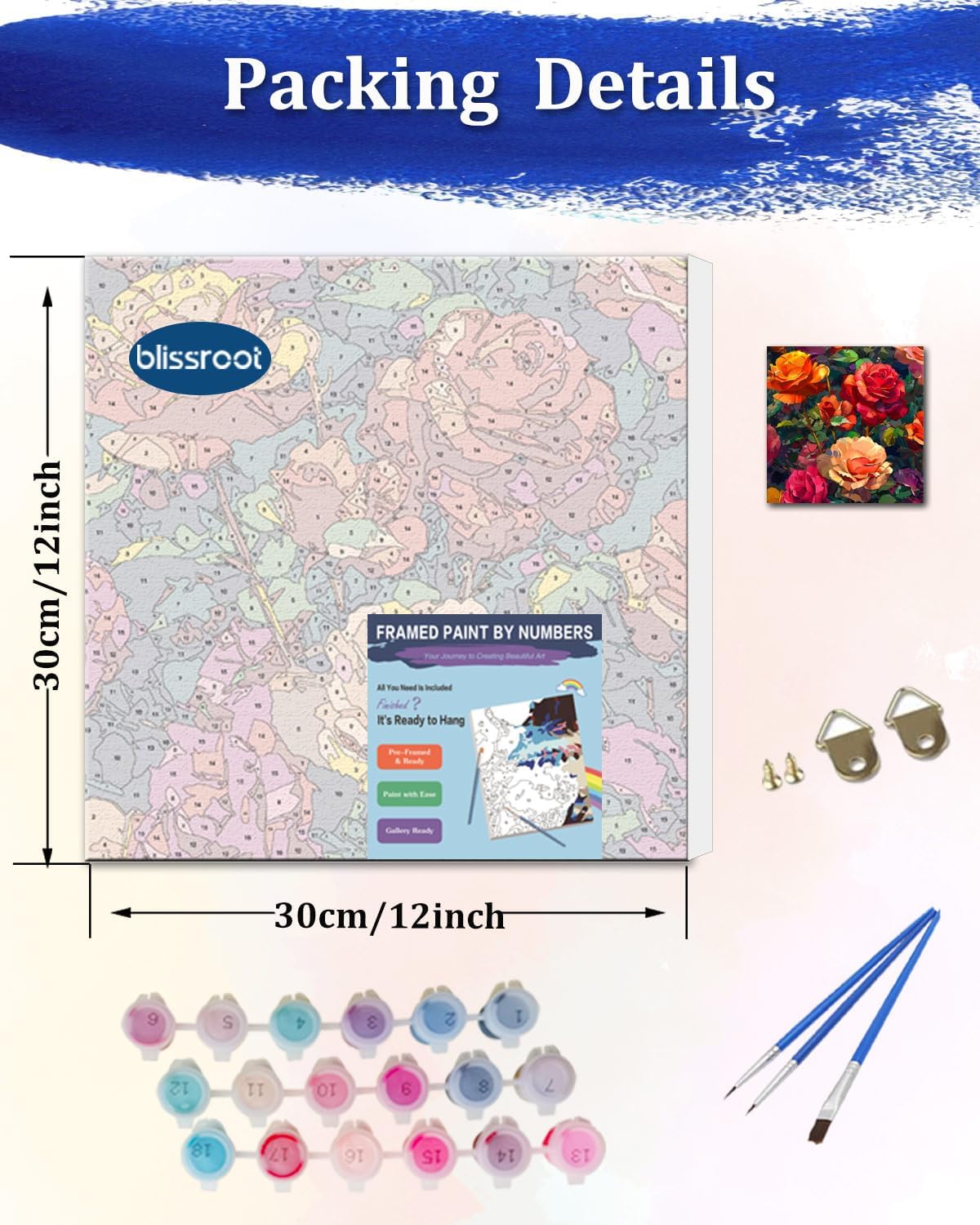 Blissroot Framed Paint by Numbers Kit for Adults Beginner&Kids Ages 8-12,12x12inch Rose Paint by Numbers with Frame,Flowers Paint by Number Framed Canvas for Valentine's Day Gift (Without Easel)