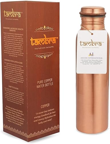 Tambra Botella de agua de cobre puro para beber, botella de agua de cobre ayurvédica hecha a mano, tapa a prueba de fugas  Botella de cobre de