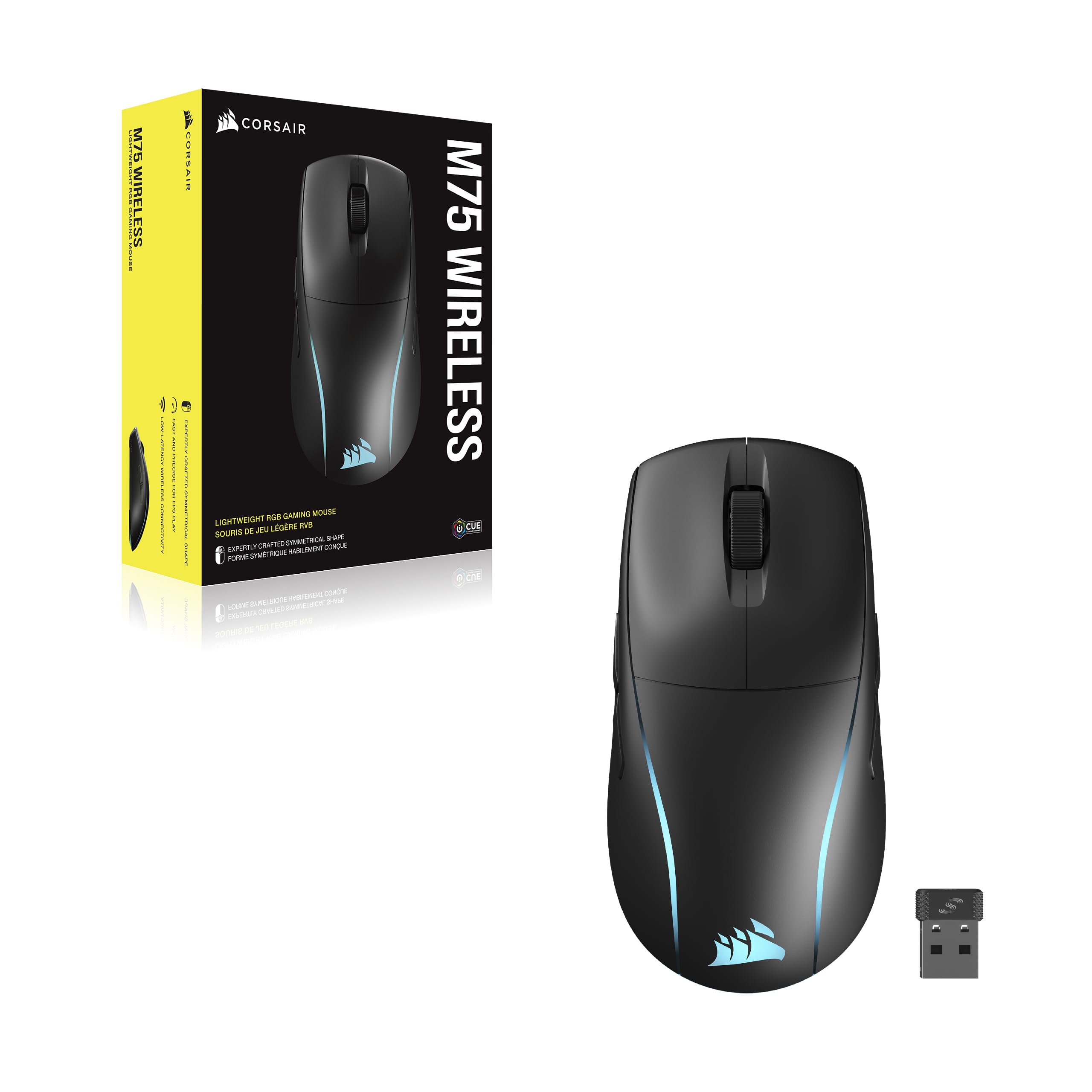 CORSAIR M75 WIRELESS RGB Lekka Mysz do Gier FPS – 26 000 DPI – Wymienne Przyciski Boczne – Kompatybilna z iCUE – PC – Czarny