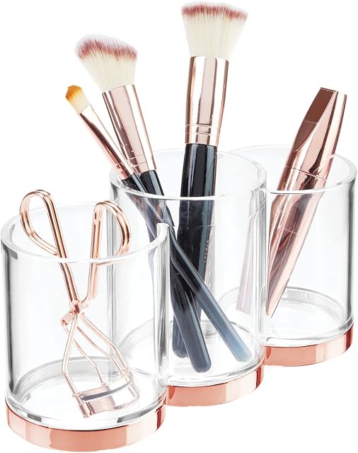mDesign Makeup Storage Containers  Makeup Brush Holder Trio for Storing Cosmetic Brushes  Can Be Used as Cosmetic Brush Holder, Lipstick Holder and More  Clear/Rose Gold