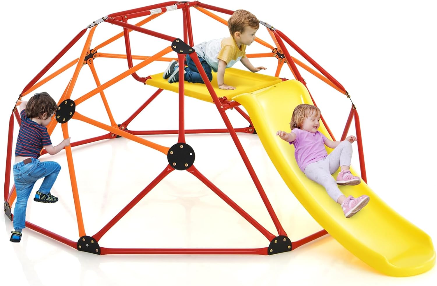 HOMASIS Diameter 183 cm Climbing Dome with Slide Climbing Frame Dome Shape Playground Outdoor & Indoor 180 kg Load Capacity Climbing Tower for Children 3-10 Years for Garden Backyard Orange + Red