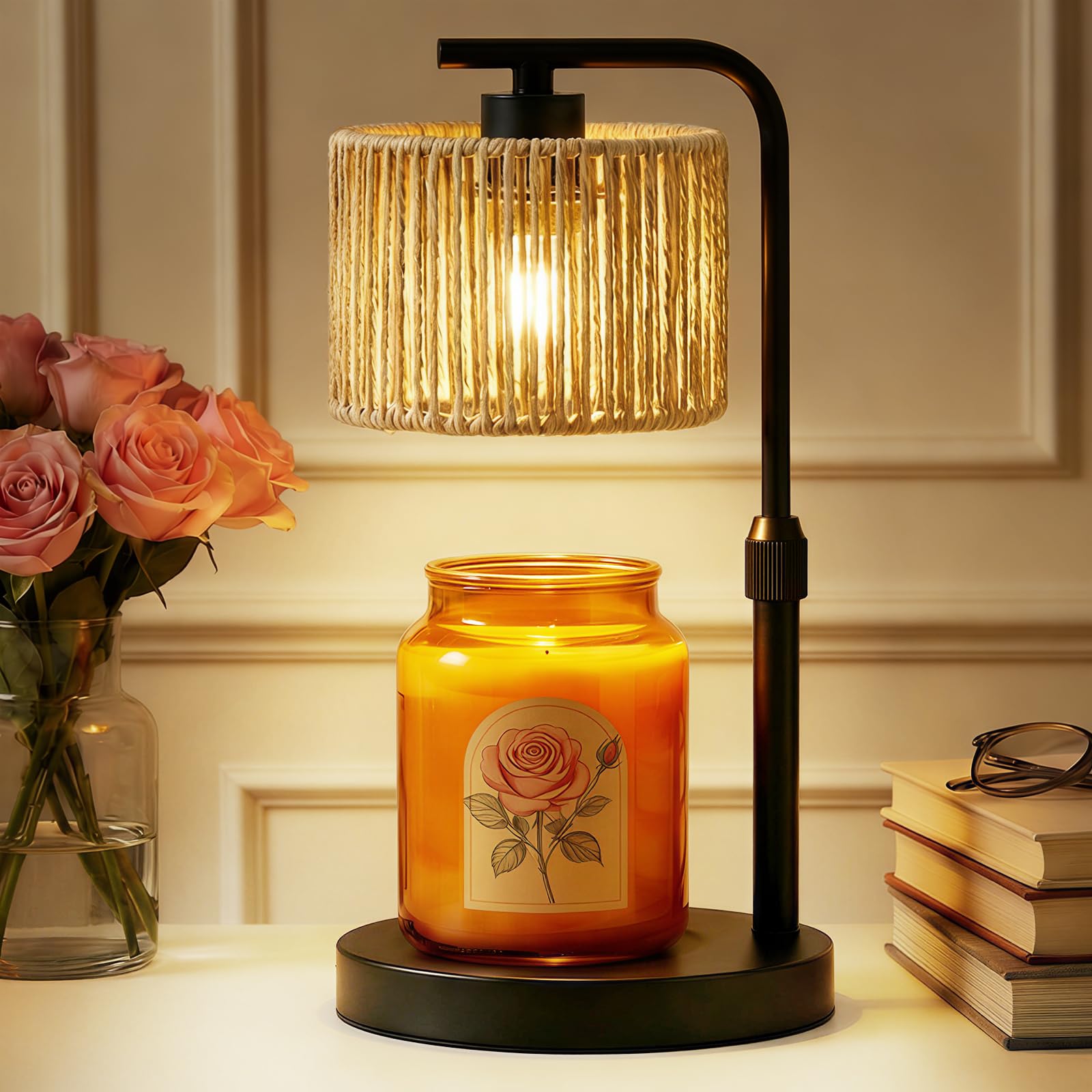 Lampada riscaldante per candele, dimmerabile con timer, altezza e luminosità regolabili, paralume in rattan boho e 2 lampadine, adatta per decorazione domestica, regalo di compleanno per donne e mamme