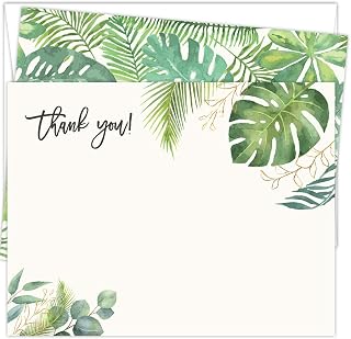 Koko Paper Co Tropical Palm Leaves Thank You Cards | 25 Flat Note Cards and Envelopes | Printed on Heavy Card Stock.