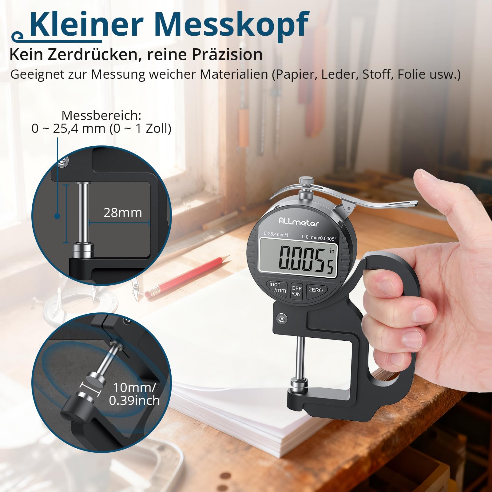 Digitales Dickenmessgerät 0-25,4mm, 0,01mm/0,0005'' Präzisionsmessgerät mit LCD Display für Leder, Papier, Stoff