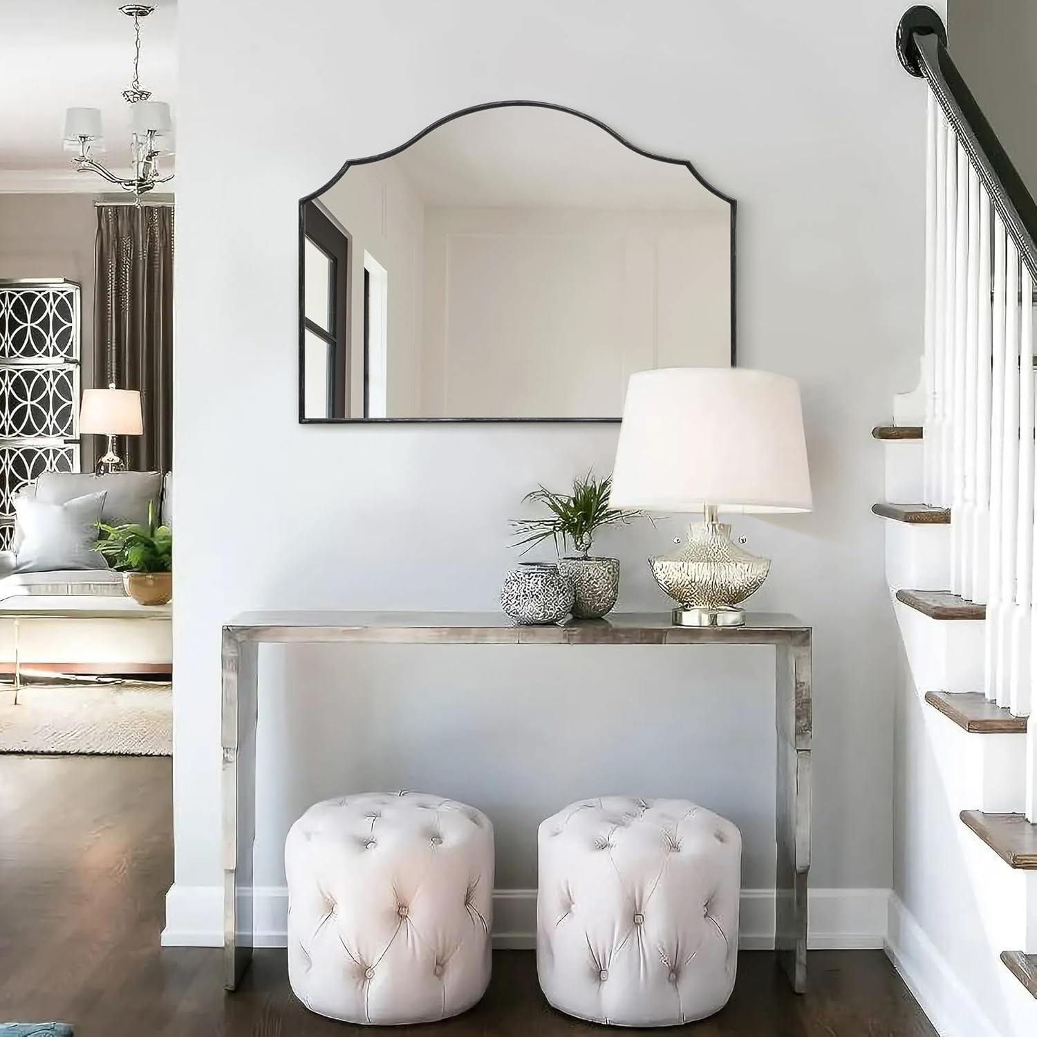 Besdomus Scalloped Arched Mirror for Vanity: 32"x24" Black Modern Wooden Wall Mirror - Minimalist Mantel Mirrors for Bedroom/Entryway/Bathroom/Hallway - Home Decor for Small Apartment