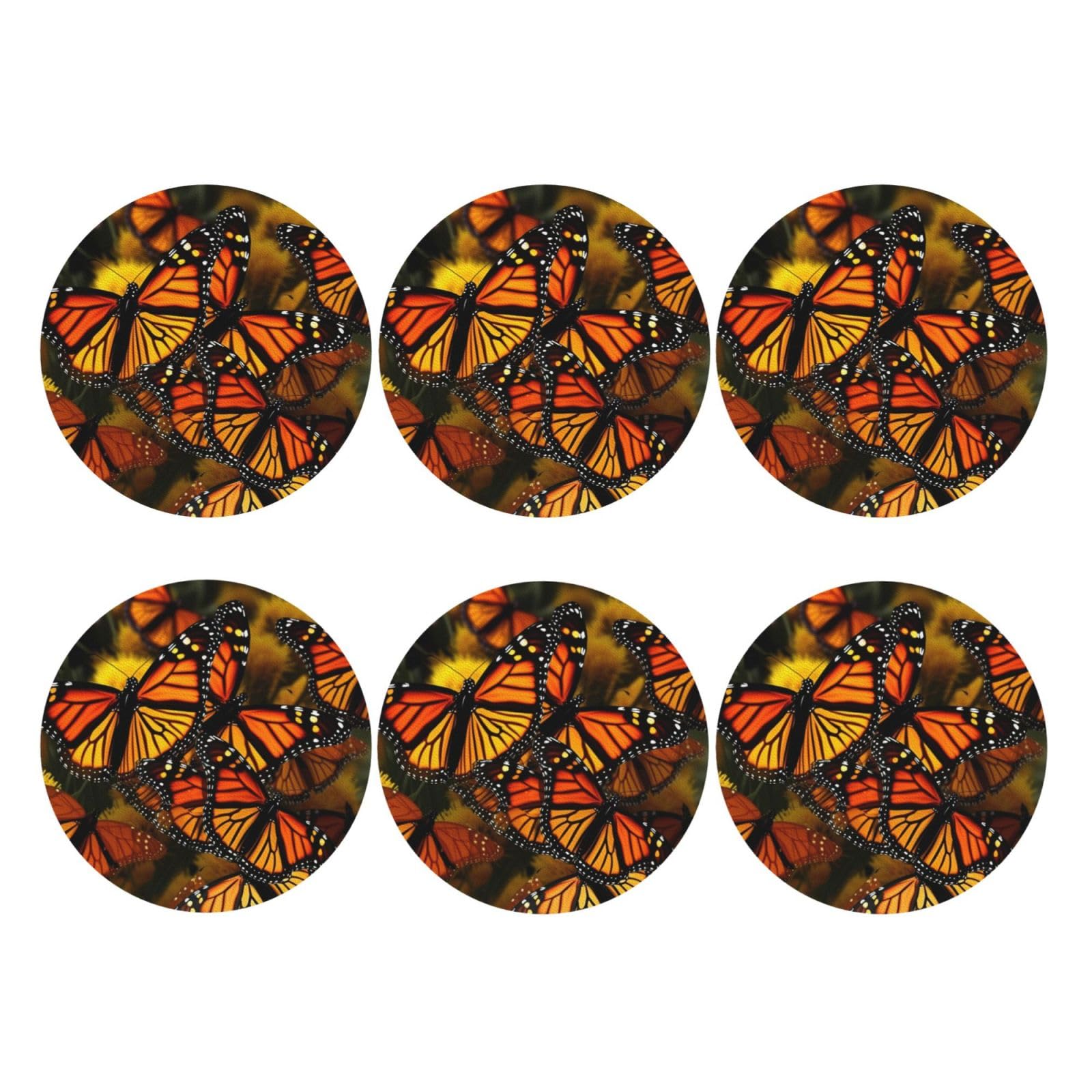 6pcs Leather Coasters for Drinks, Monarch Butterflies Drink Coasters for Tabletop Protection, 4" Cup Coasters for Coffee Table Decor, Non-Slip Drinking Cup Mat for Hot Or Cold Drink