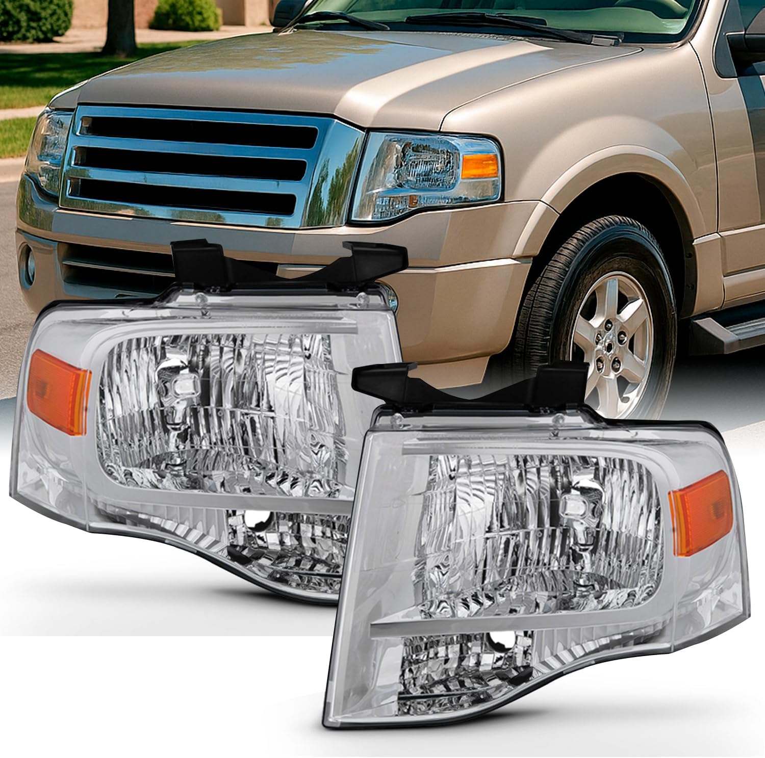 AKKON - Fits 2007-2014 Ford Expedition SUV Chrome Headlights Replacement Headlamps Left Driver+Right Passenger Pair