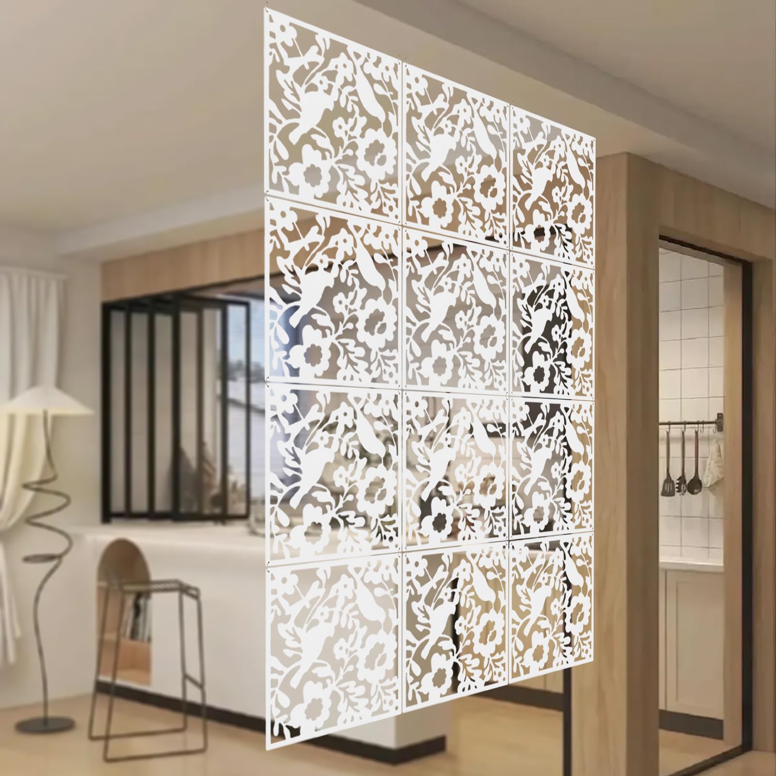 Divisore da appendere, 12 pannelli per camera/hotel, pannello decorativo da parete, 12 divisori sospesi, per camera da letto, sala da pranzo, soggiorno, ingressi, bianco, 40 x 40 cm