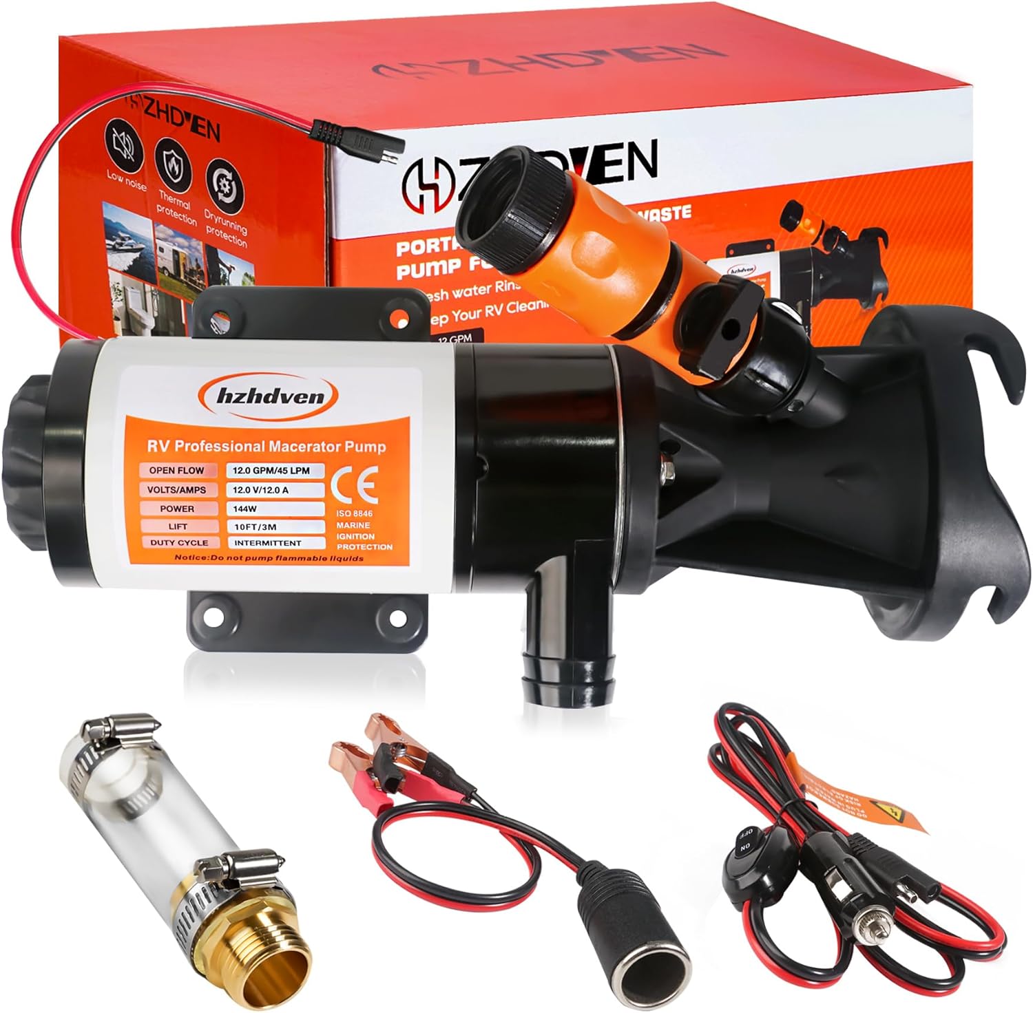 RV Macerator Pump 12V,Portable Macerator Waste Pump,12GPM Suction 3.2 feet Lift 10 feet with Garden Hose Discharge Port,Quick Release Sewage Pump with Fresh Water Rinse and Manual Crushing Function.