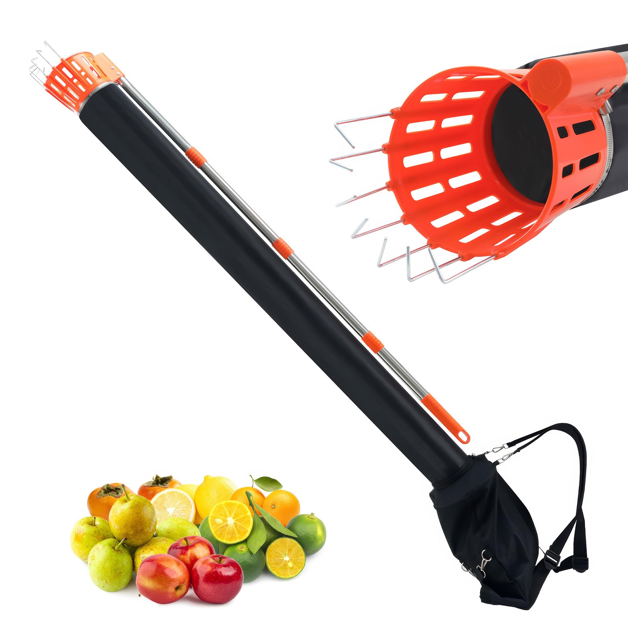 BOUDECH Pametik - Raccoglitore di Frutta a Imbuto Manico Telescopico 4m con Supporto e Borsa in Tessuto per Raccolta di Mele Arance Pere Arancione e Nero
