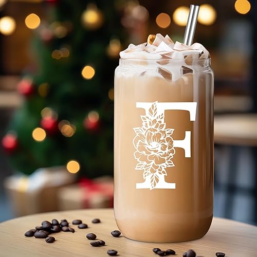 Miniatura 175 de Coolife Vaso de vidrio con inicial, regalos con monograma para mujer, tazas de vidrio de 16 onzas con tapas y pajitas, vaso de cerveza para batido