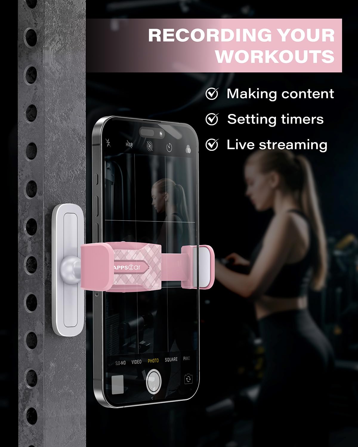 APPS2Car Gym Magnetic Phone Holder, 360 Adjustable, Compatible with 4.7-6.5" Smartphones, Alloy Base and Joint, Black: Pink - 1 Pack