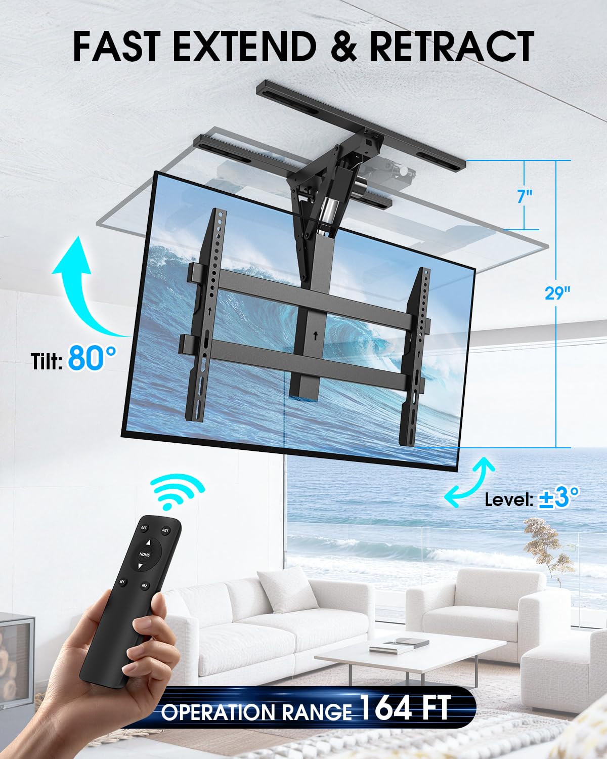 Soporte de techo eléctrico con mando a distancia para televisores planos y curvos de 32 a 70 pulgadas, para techos planos e inclinados, VESA máx. 600 x 400 mm, color negro