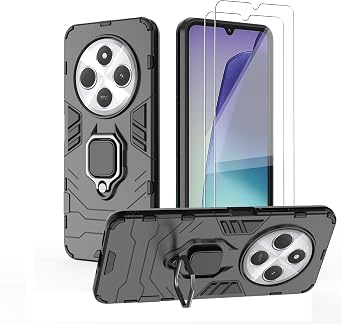 Phone Case for Xiaomi Redmi 14C Case with Glass Screen Protector [2 Pack] Heavy Duty Dual Layer Military Grade Shockproof Protective Cover with Magnetic Ring Kickstand - Black