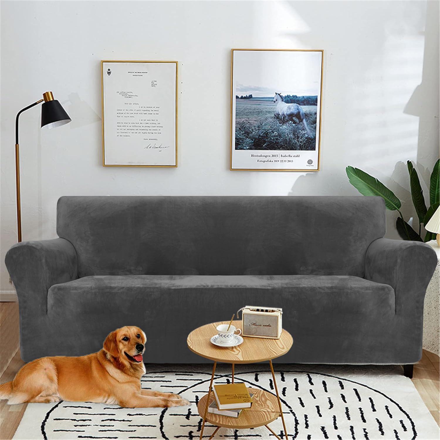YSTELLAA Samt Sofa Überzug 3 Sitzer, Stretch Sofahusse Universal, Sofaschoner rutschfest, Sofa Covers Mit Armlehne, Couch Bezug Schutz Katze, Waschbare Couchschoner, Grau