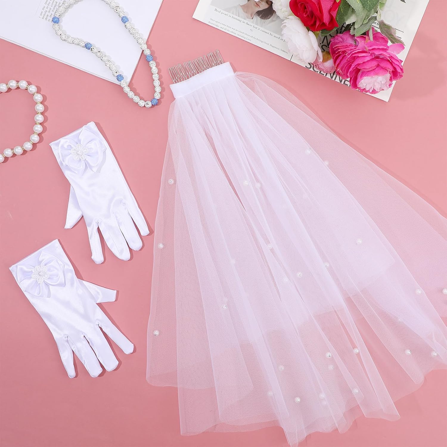 Girls First Communion Veil And Gloves Set, White First Communion Veil And 1 Pair Gloves For Kids Wedding Church Baptism, 8-12 Years, Elegant Formal
