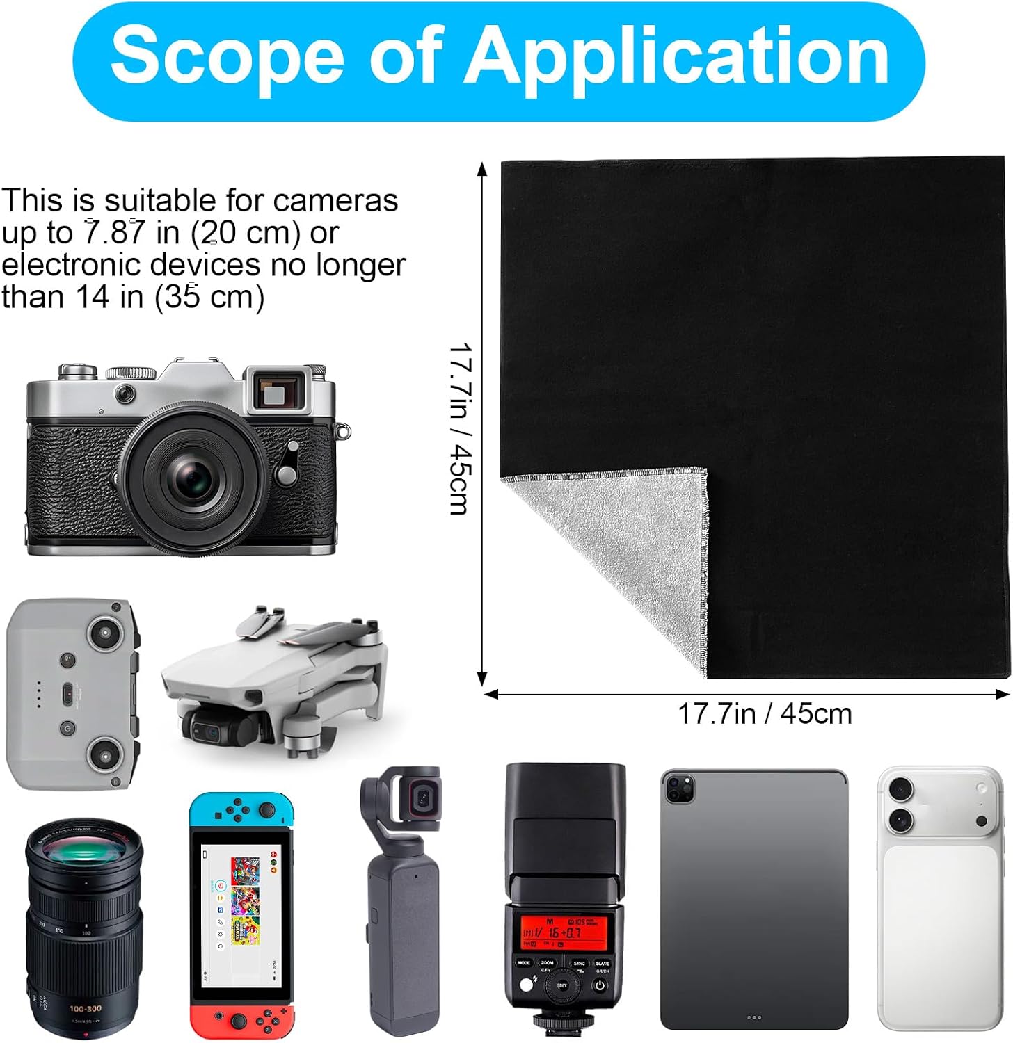 Camera Wrap, Protective Self-Adhesive Cloth, 17.7''×17.7'' Anti-Scratch Camera Sleeve, Washable Lens Pouch for DSLR, Phone, Laptops, Cosmetic