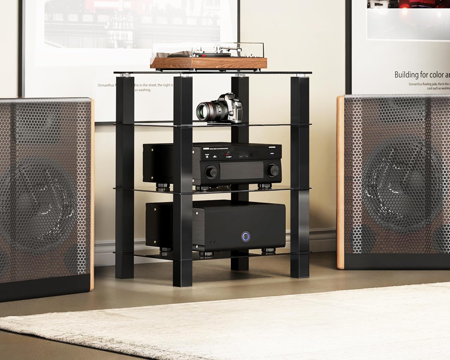 FITUEYES Supporto HIFI con 4 Ripiani in Vetro Nero, Rack HiFi ad Altezza Regolabile, Mobile Giradischi 60 × 46 × 77 cm, Carico 40 kg, per Amplificatore/Giradischi