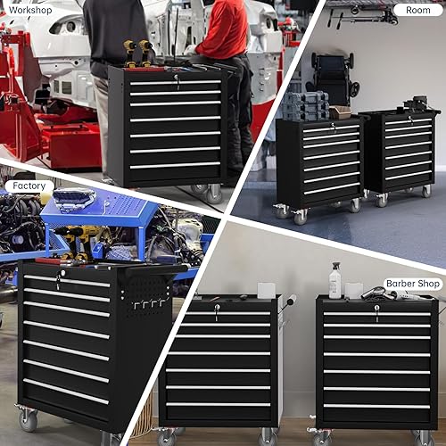 Miniatura 7 de Caja de herramientas de 7 cajones, carrito de herramientas con ruedas, armario de herramientas de alta capacidad con sistema de bloqueo para garaje,