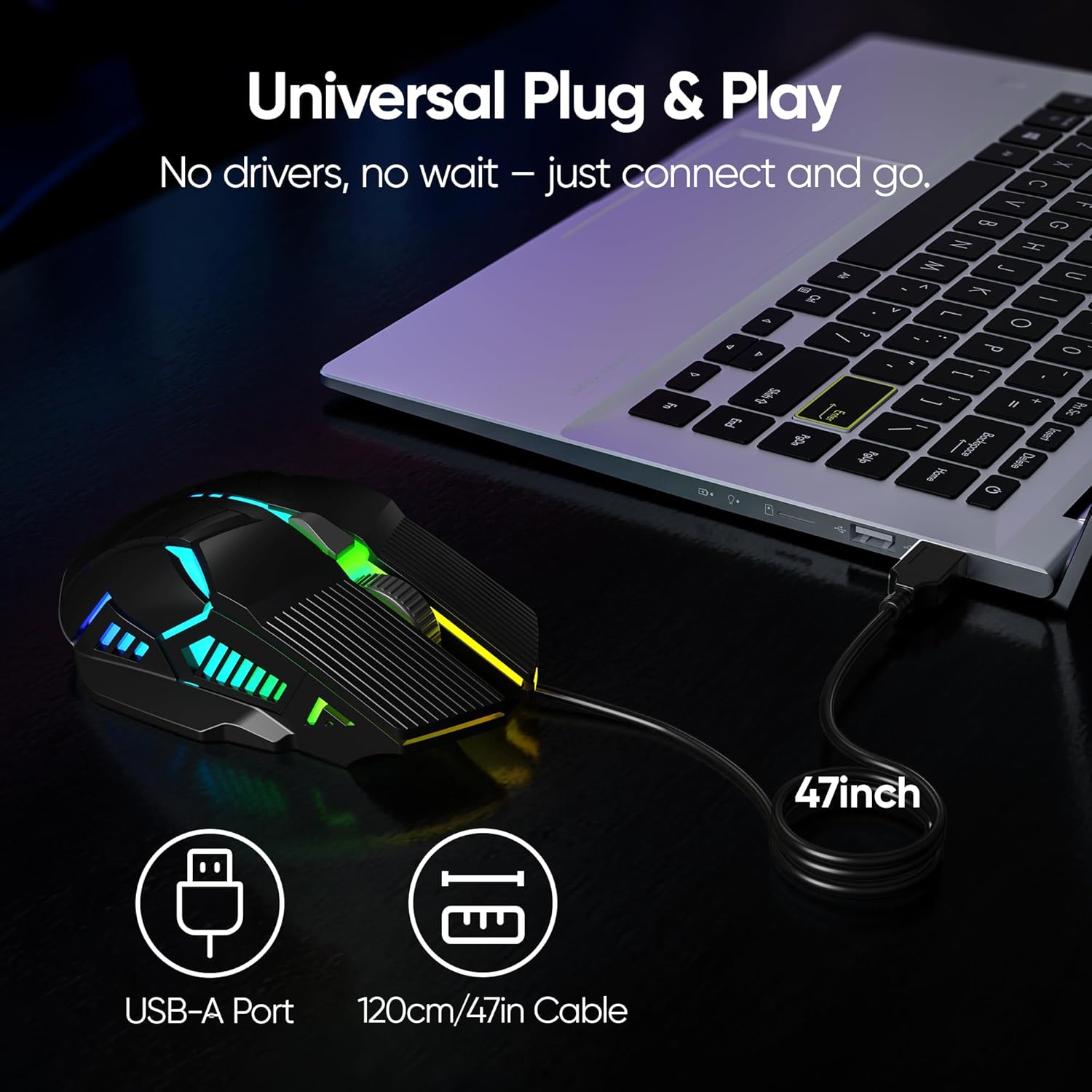 Wired Gaming Mouse - Lightweight USB Optical Computer Mice with 7-Color RGB LED Lights, 4 Adjustable DPI (1200-3200), 6 Buttons, Ergonomic Design for Windows (S800-Black)