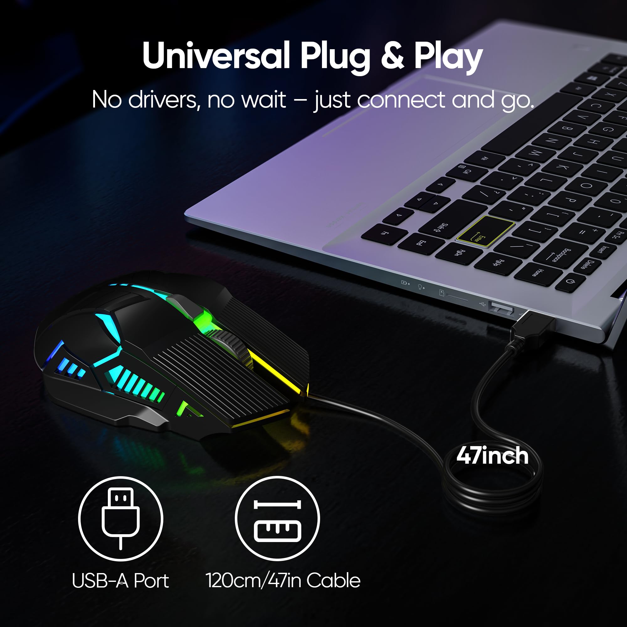 MELOGAGA Ratón óptico para juegos con cable, ligero, USB, con luces LED RGB de 7 colores, 4 DPI ajustables (1200-3200), 6 botones, diseño ergonómico para Windows 7/8/10/XP/Vista y Linux (negro)